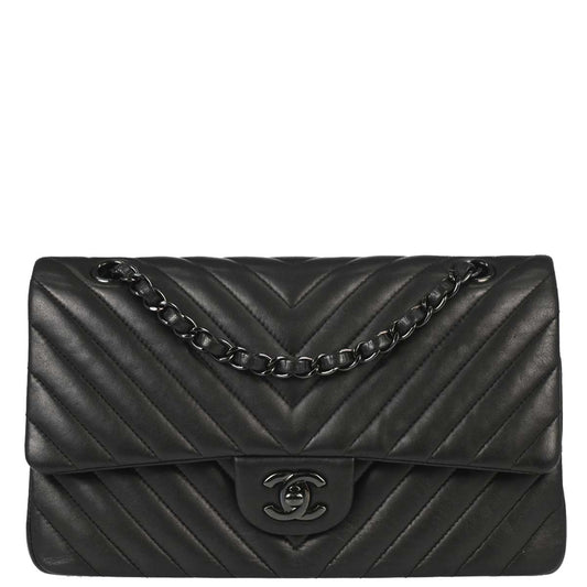Chanel 2015-2016 Black Lambskin Chevron Medium Classic Double Flap Shoulder Bag