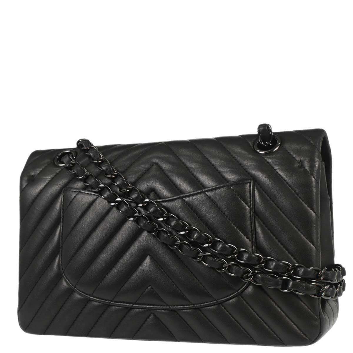 Chanel 2015-2016 Black Lambskin Chevron Medium Classic Double Flap Shoulder Bag