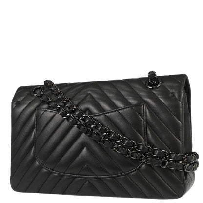 Chanel 2015-2016 Black Lambskin Chevron Medium Classic Double Flap Shoulder Bag