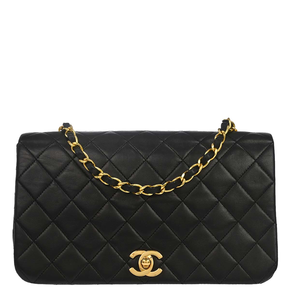 Chanel 1989-1991 Black Lambskin Turnlock Small Full Flap Shoulder Bag