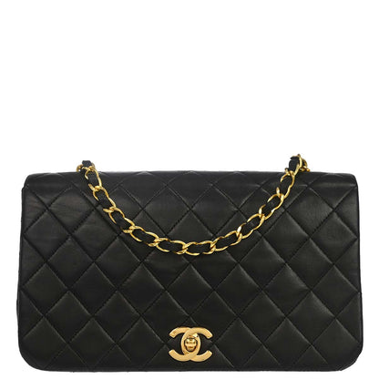 Chanel 1989-1991 Black Lambskin Turnlock Small Full Flap Shoulder Bag