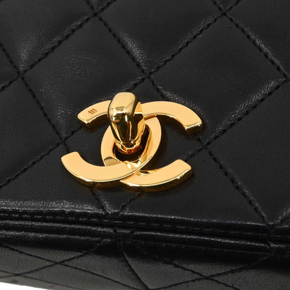 Chanel 1989-1991 Black Lambskin Turnlock Small Full Flap Shoulder Bag