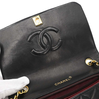 Chanel 1989-1991 Black Lambskin Turnlock Small Full Flap Shoulder Bag