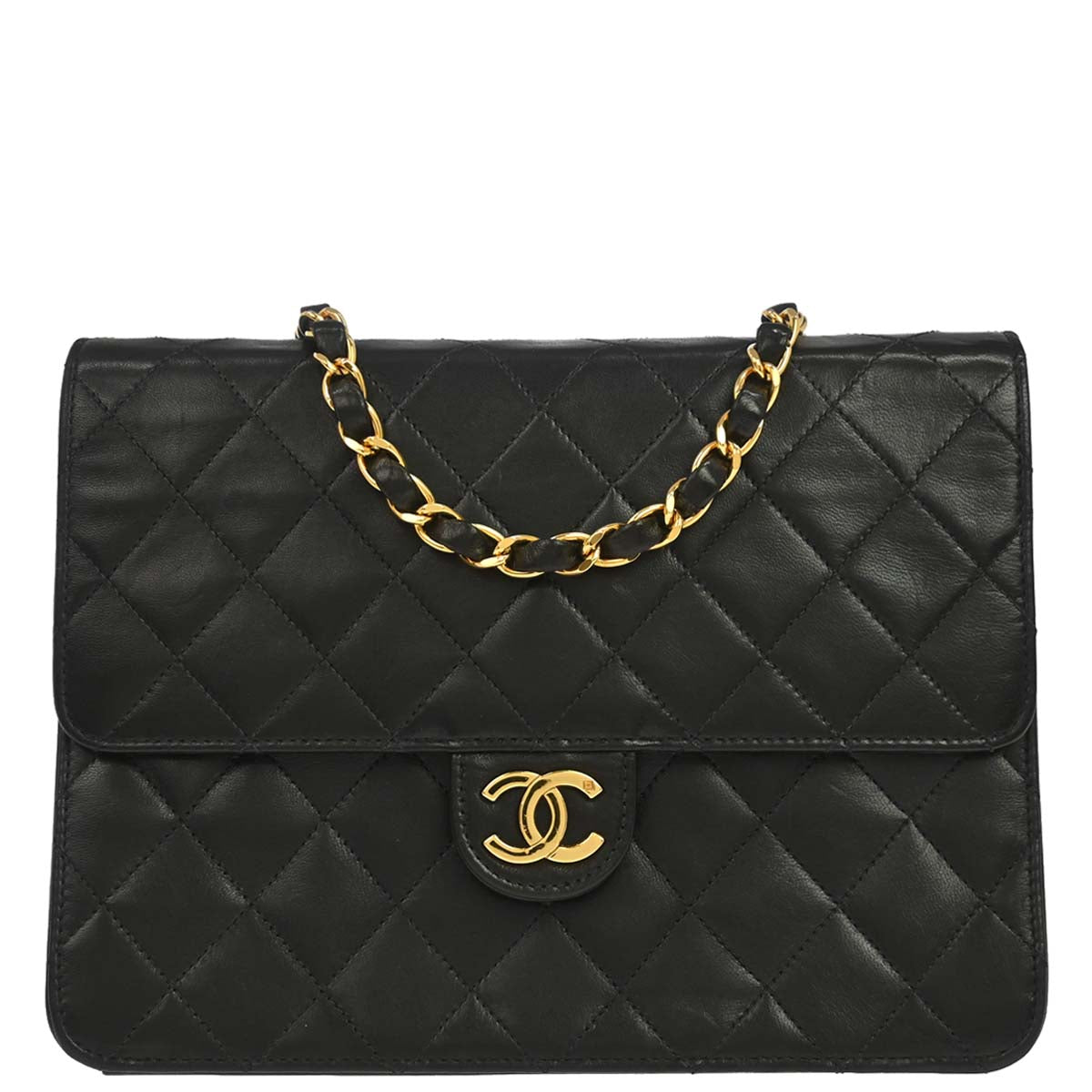 Chanel 1997-1999 Black Lambskin Pushlock Small Half Flap Shoulder Bag