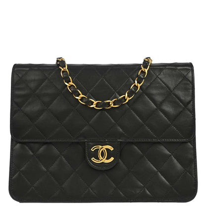 Chanel 1997-1999 Black Lambskin Pushlock Small Half Flap Shoulder Bag