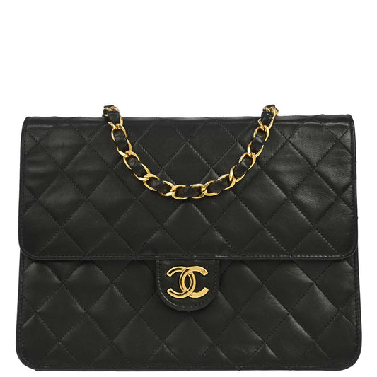 Chanel 1997-1999 Black Lambskin Pushlock Small Half Flap Shoulder Bag