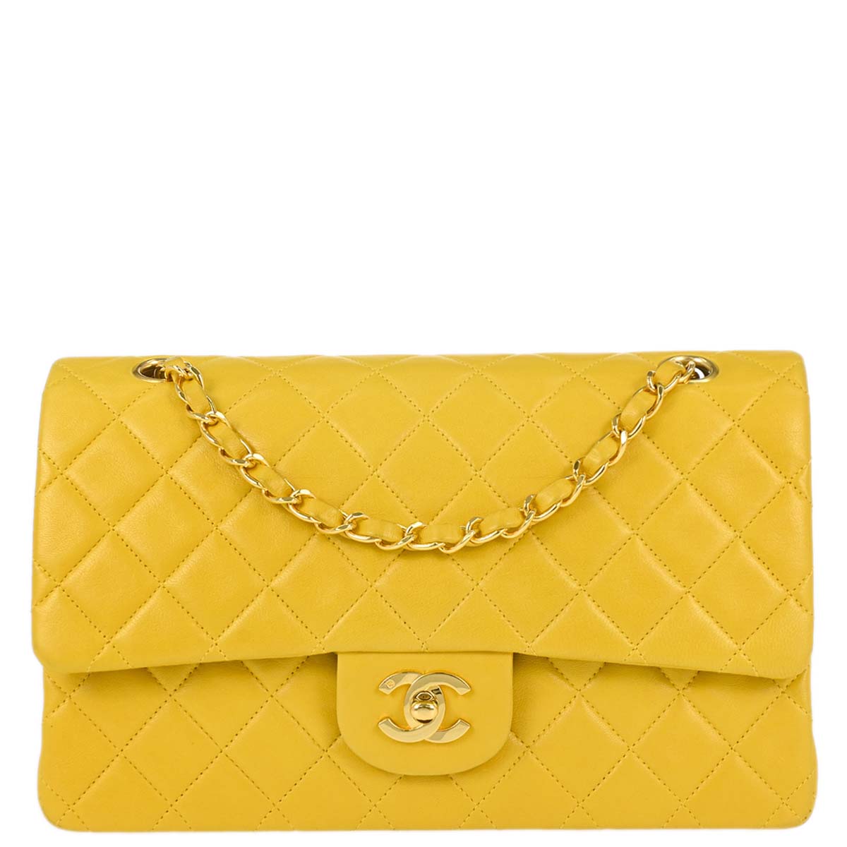 Chanel 1997-1999 Yellow Lambskin Medium Classic Double Flap Shoulder Bag