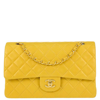 Chanel 1997-1999 Yellow Lambskin Medium Classic Double Flap Shoulder Bag