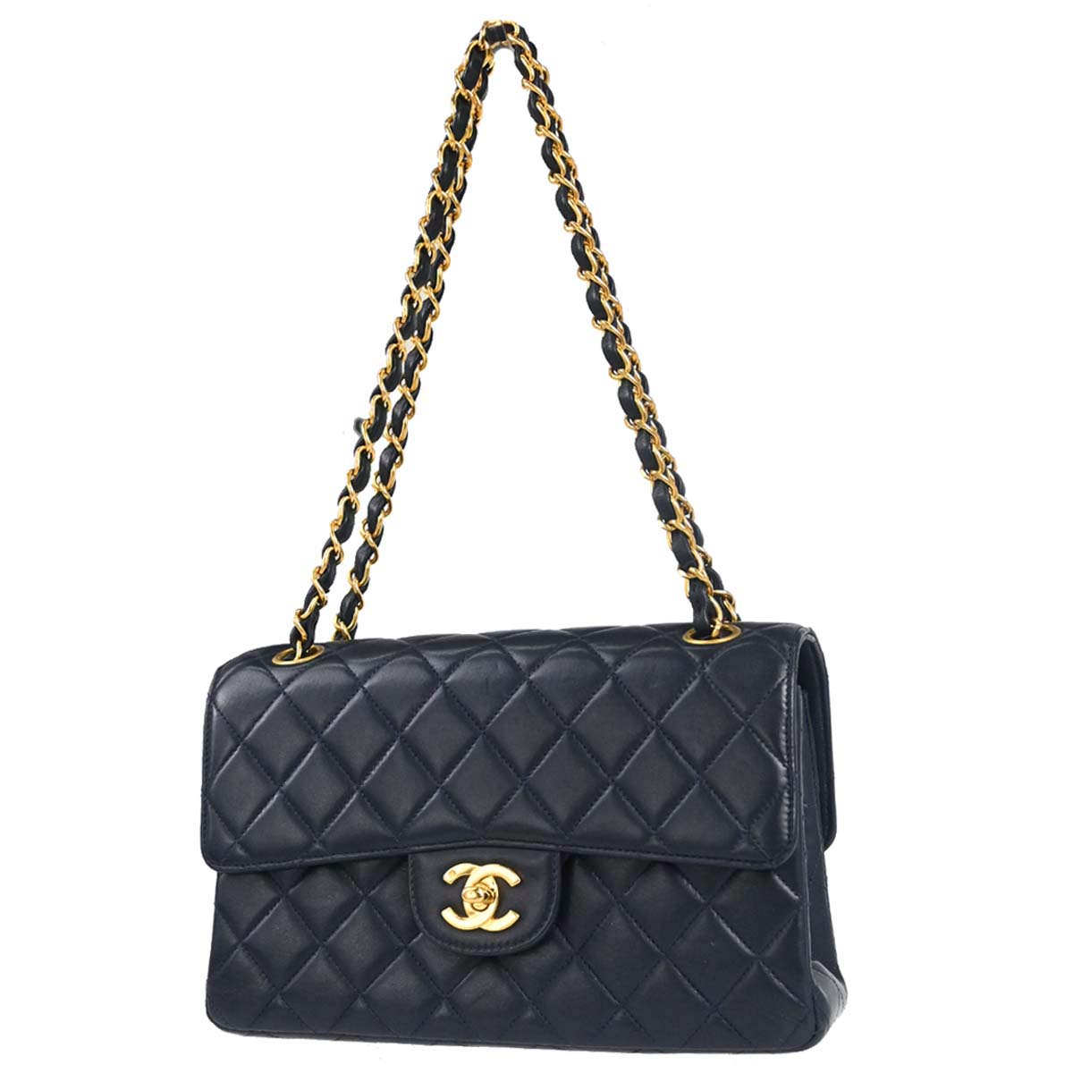 Chanel 1996-1997 Navy Lambskin Double Sided Turnlock Classic Flap Shoulder Bag