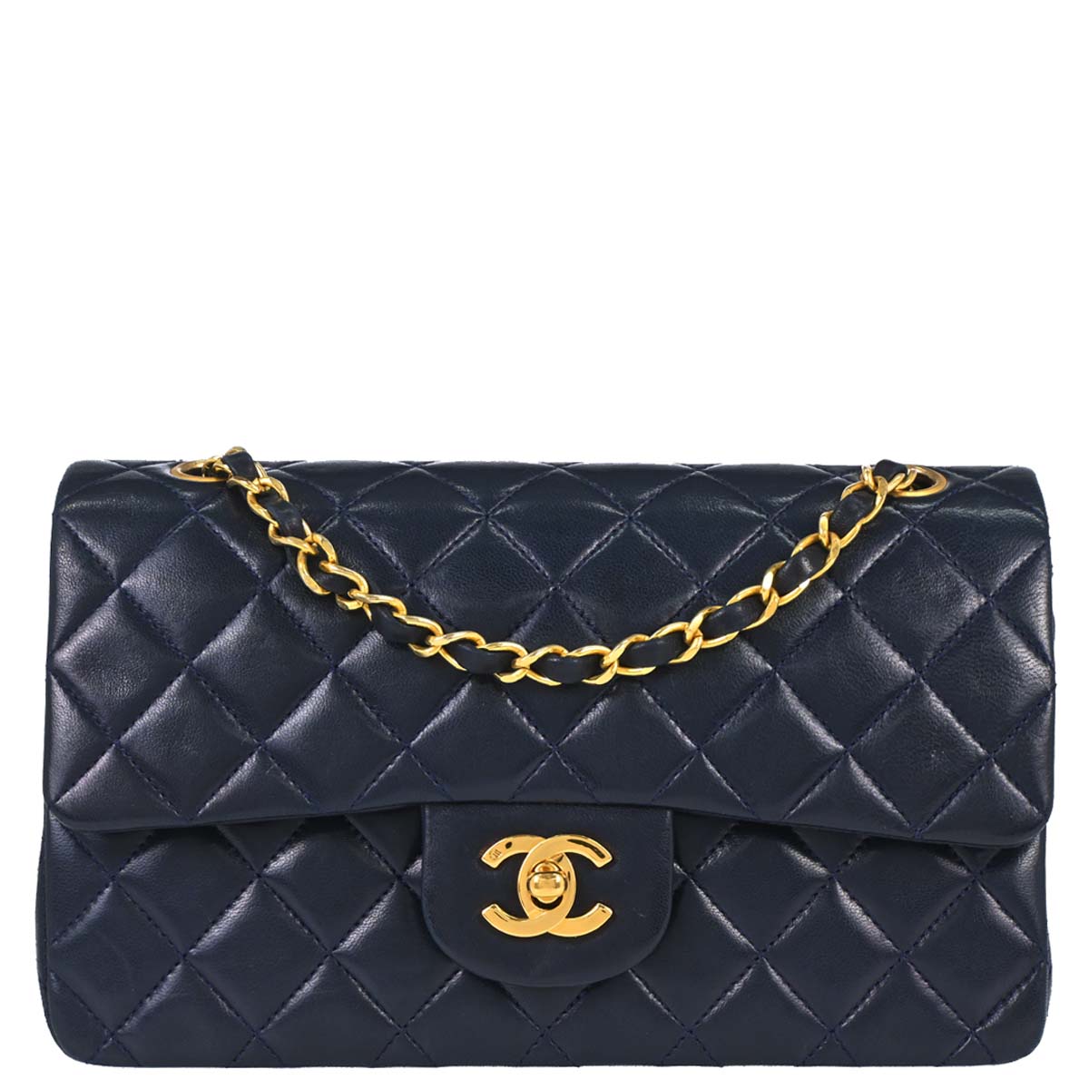 Chanel 1989-1991 Navy Lambskin Small Classic Double Flap Shoulder Bag