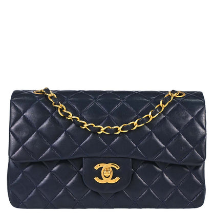Chanel 1989-1991 Navy Lambskin Small Classic Double Flap Shoulder Bag