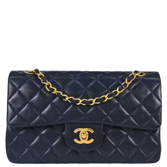 Chanel 1989-1991 Navy Lambskin Small Classic Double Flap Shoulder Bag