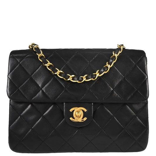 Chanel 1989-1991 Black Lambskin Classic Square Flap Shoulder Bag 20