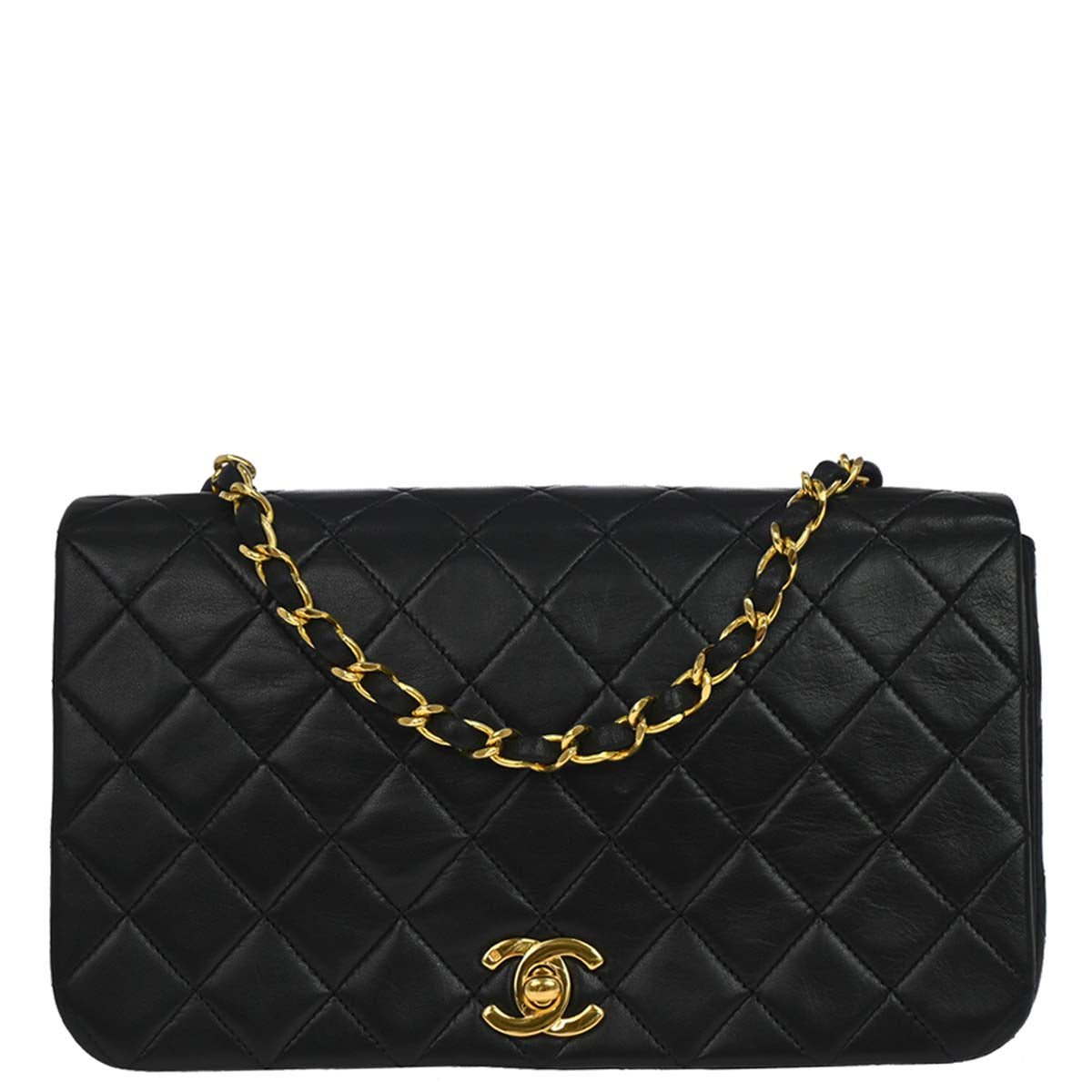 Chanel 1989-1991 Black Lambskin Turnlock Small Full Flap Shoulder Bag