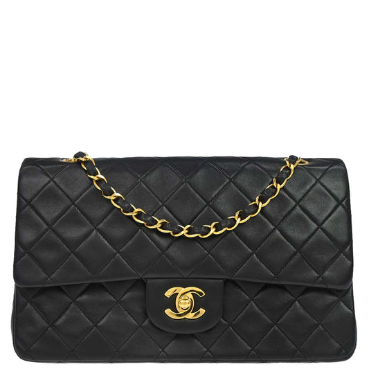Chanel 1991-1994 Black Lambskin Medium Classic Double Flap Shoulder Bag