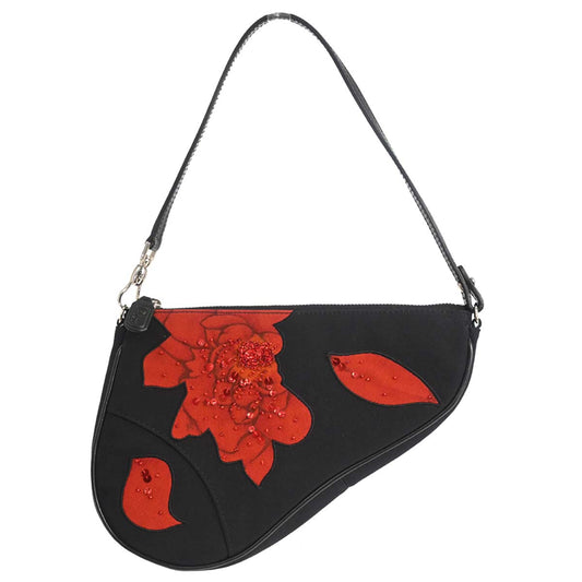 Christian Dior Black Canvas Beaded Saddle Handbag