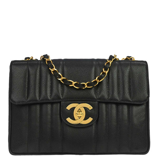 Chanel 1991-1994 Black Caviar Skin Jumbo Mademoiselle Classic Flap Bag