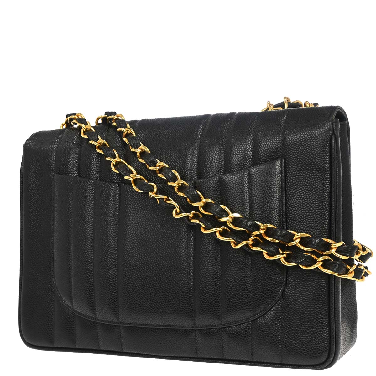 Chanel 1991-1994 Black Caviar Skin Jumbo Mademoiselle Classic Flap Bag