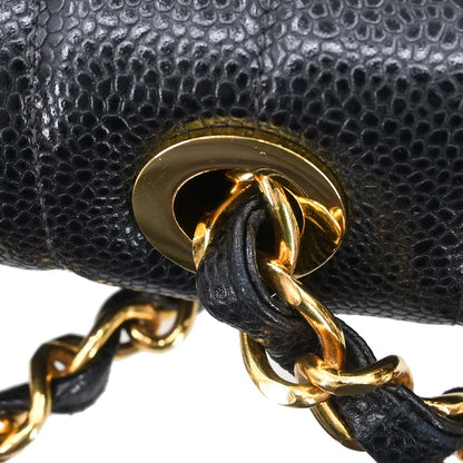 Chanel 1991-1994 Black Caviar Skin Jumbo Mademoiselle Classic Flap Bag