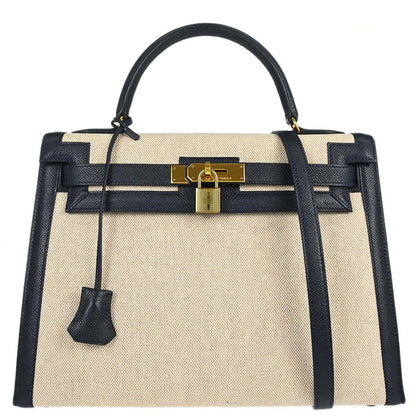 Hermes Blue Indigo Courchevel Toile H Kelly 32 Sellier 2way Shoulder Handbag