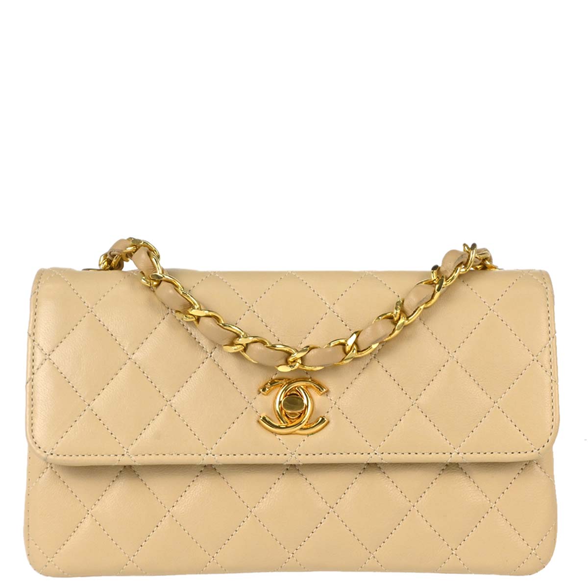 Chanel 1989-1991 Beige Lambskin Straight Flap Shoulder Bag