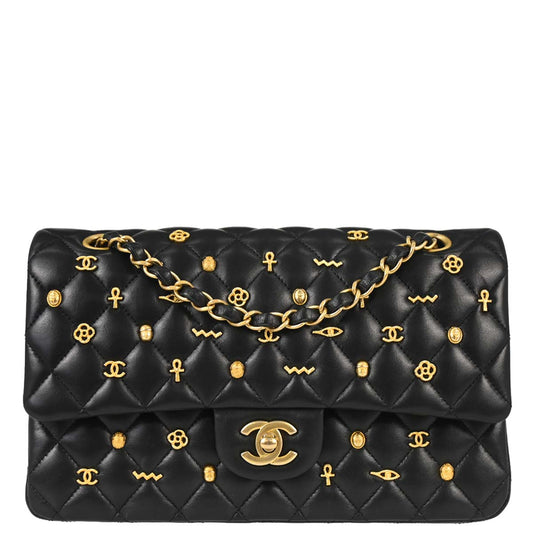 Chanel 2019 Black Lambskin Egyptian Medium Classic Double Flap Shoulder Bag
