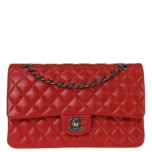 Chanel 2015-2016 Red Caviar Skin Medium Classic Double Flap Shoulder Bag