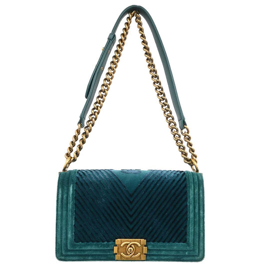 Boy Chanel 2017-2018 Green Velvet Chevron Medium Shoulder Bag