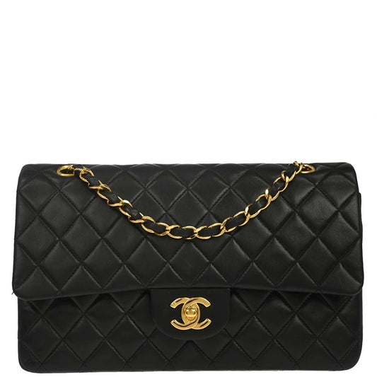 Chanel 1997-1999 Black Lambskin Medium Classic Double Flap Shoulder Bag