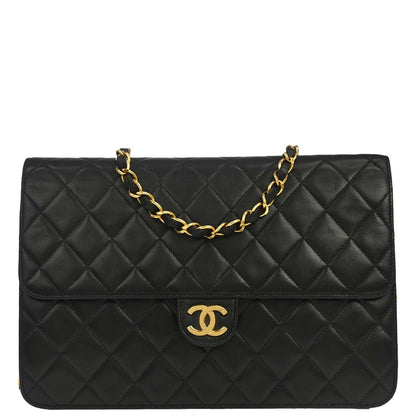 Chanel 1996-1997 Black Lambskin Pushlock Medium Half Flap Shoulder Bag