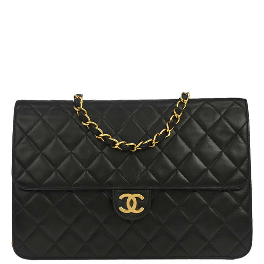 Chanel 1996-1997 Black Lambskin Pushlock Medium Half Flap Shoulder Bag