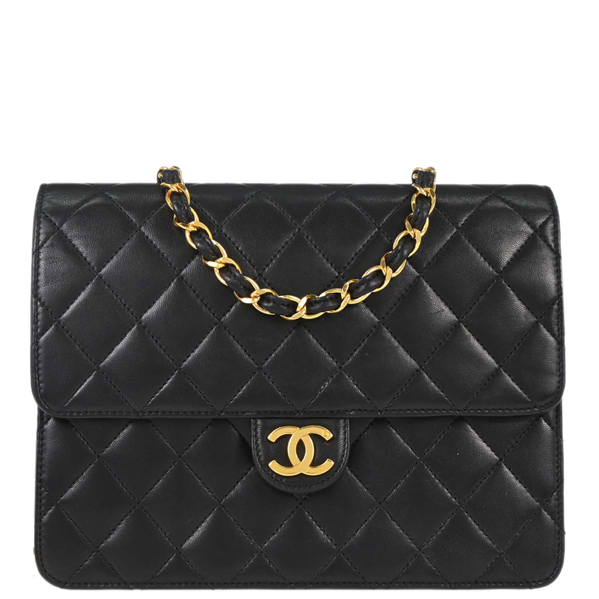 Chanel 1997-1999 Black Lambskin Pushlock Small Half Flap Shoulder Bag