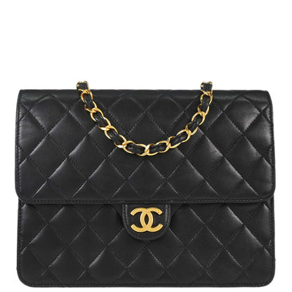 Chanel 1997-1999 Black Lambskin Pushlock Small Half Flap Shoulder Bag