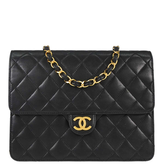 Chanel 1997-1999 Black Lambskin Pushlock Small Half Flap Shoulder Bag