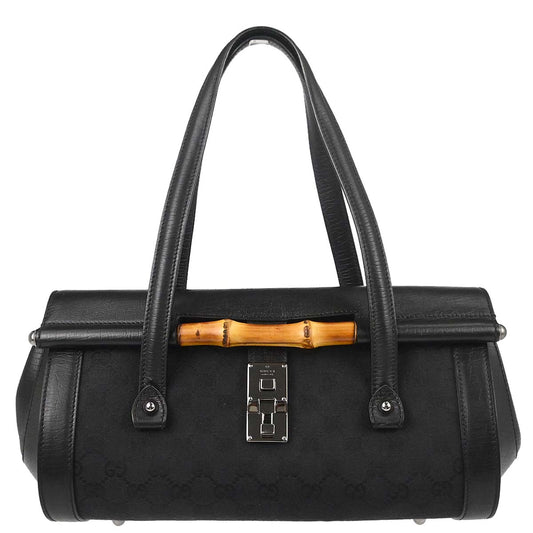 Gucci Black GG Canvas Bamboo Handbag