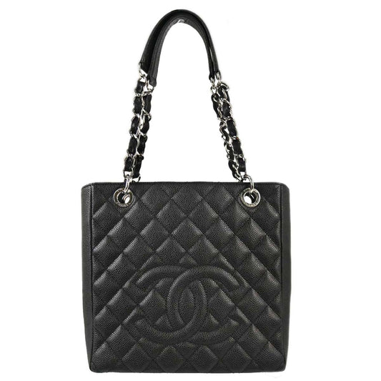 Chanel 2009-2010 Black Caviar Skin Petite Shopping Tote PST Chain Handbag