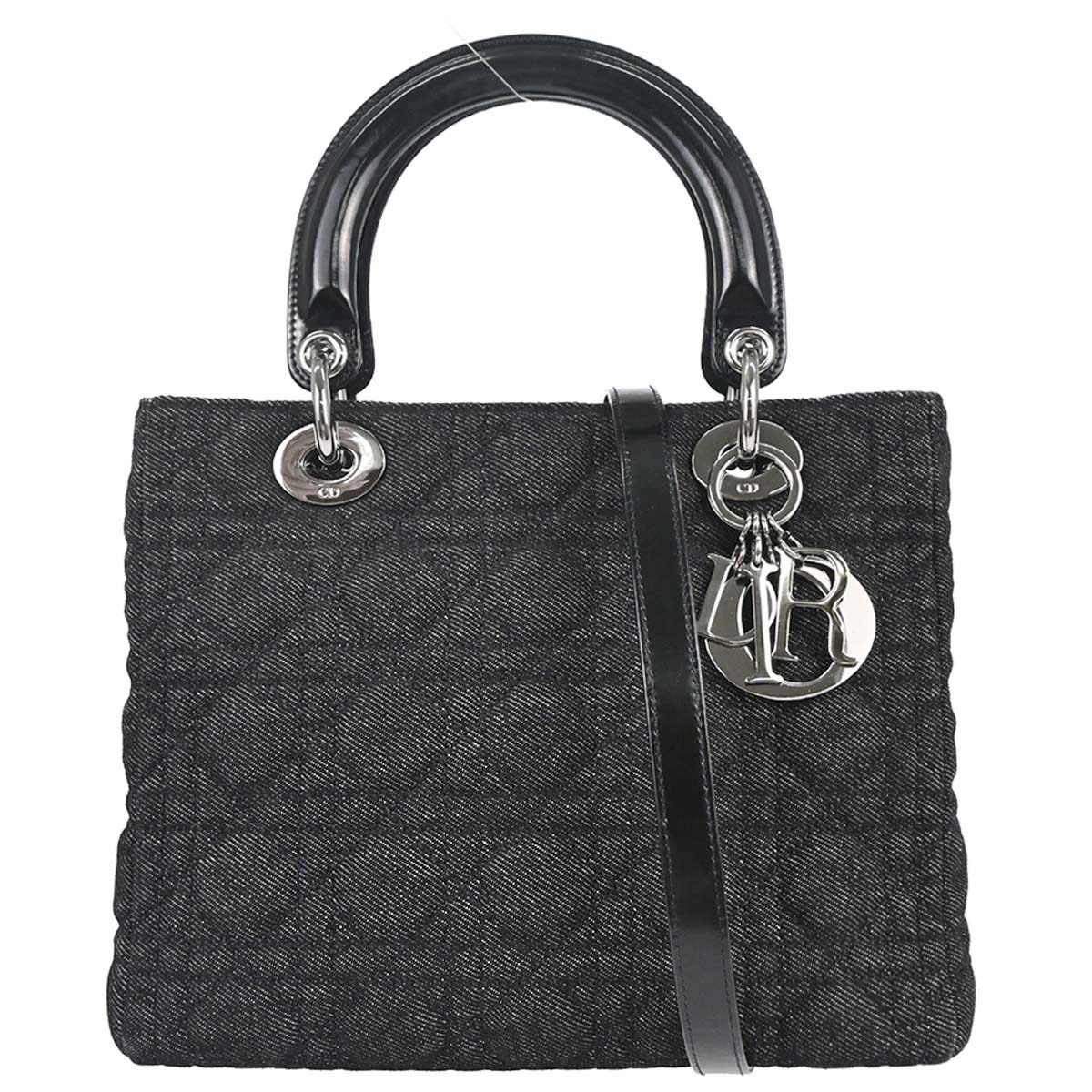 Christian Dior Black Denim Lady Dior Cannage 2way Shoulder Handbag