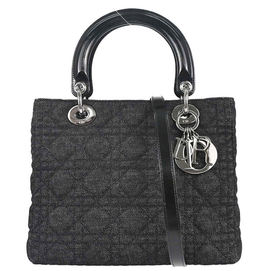 Christian Dior Black Denim Lady Dior Cannage 2way Shoulder Handbag