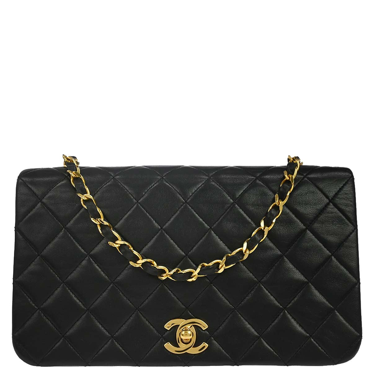 Chanel 1989-1991 Black Lambskin Turnlock Small Full Flap Shoulder Bag