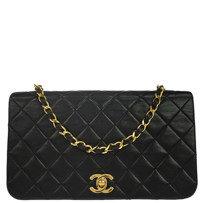 Chanel 1989-1991 Black Lambskin Turnlock Small Full Flap Shoulder Bag