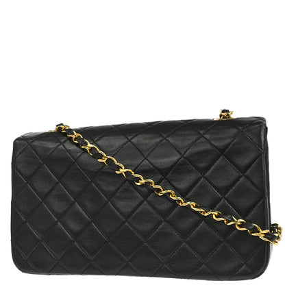 Chanel 1989-1991 Black Lambskin Turnlock Small Full Flap Shoulder Bag