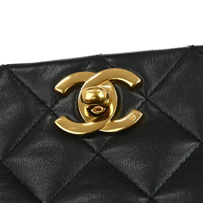 Chanel 1989-1991 Black Lambskin Turnlock Small Full Flap Shoulder Bag