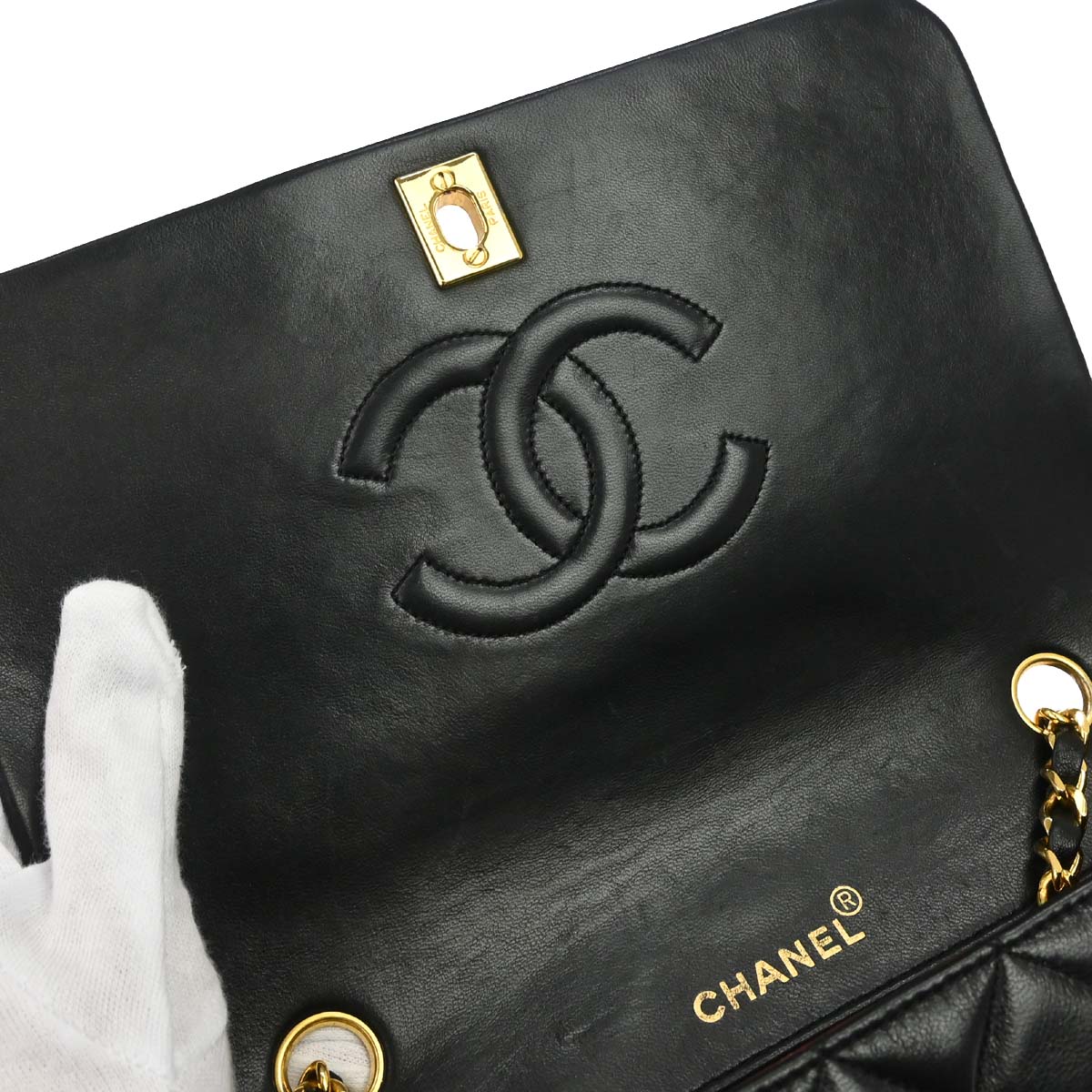 Chanel 1989-1991 Black Lambskin Turnlock Small Full Flap Shoulder Bag
