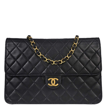 Chanel 1997-1999 Black Lambskin Pushlock Medium Half Flap Shoulder Bag