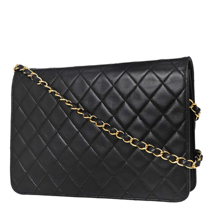 Chanel 1997-1999 Black Lambskin Pushlock Medium Half Flap Shoulder Bag