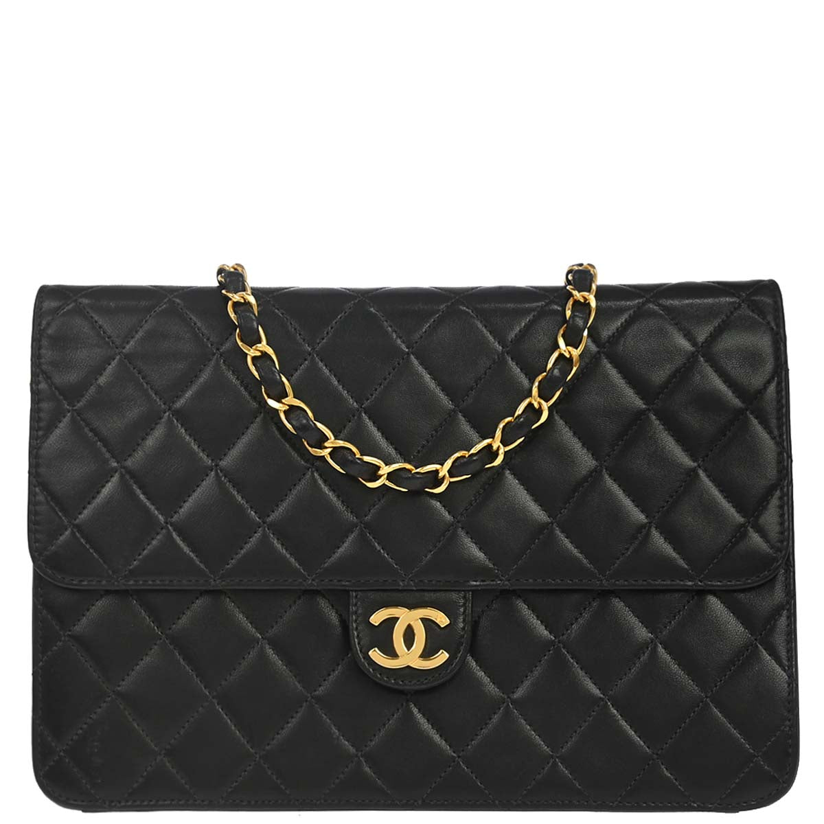 Chanel 1997-1999 Black Lambskin Pushlock Medium Half Flap Shoulder Bag