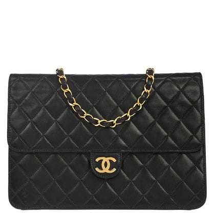 Chanel 1997-1999 Black Lambskin Pushlock Medium Half Flap Shoulder Bag