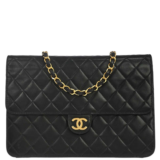 Chanel 1997-1999 Black Lambskin Pushlock Medium Half Flap Shoulder Bag