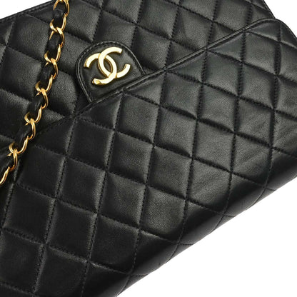 Chanel 1997-1999 Black Lambskin Pushlock Medium Half Flap Shoulder Bag