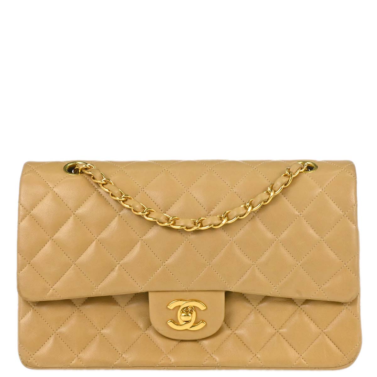 Chanel 1997-1999 Beige Lambskin Medium Classic Double Flap Shoulder Bag